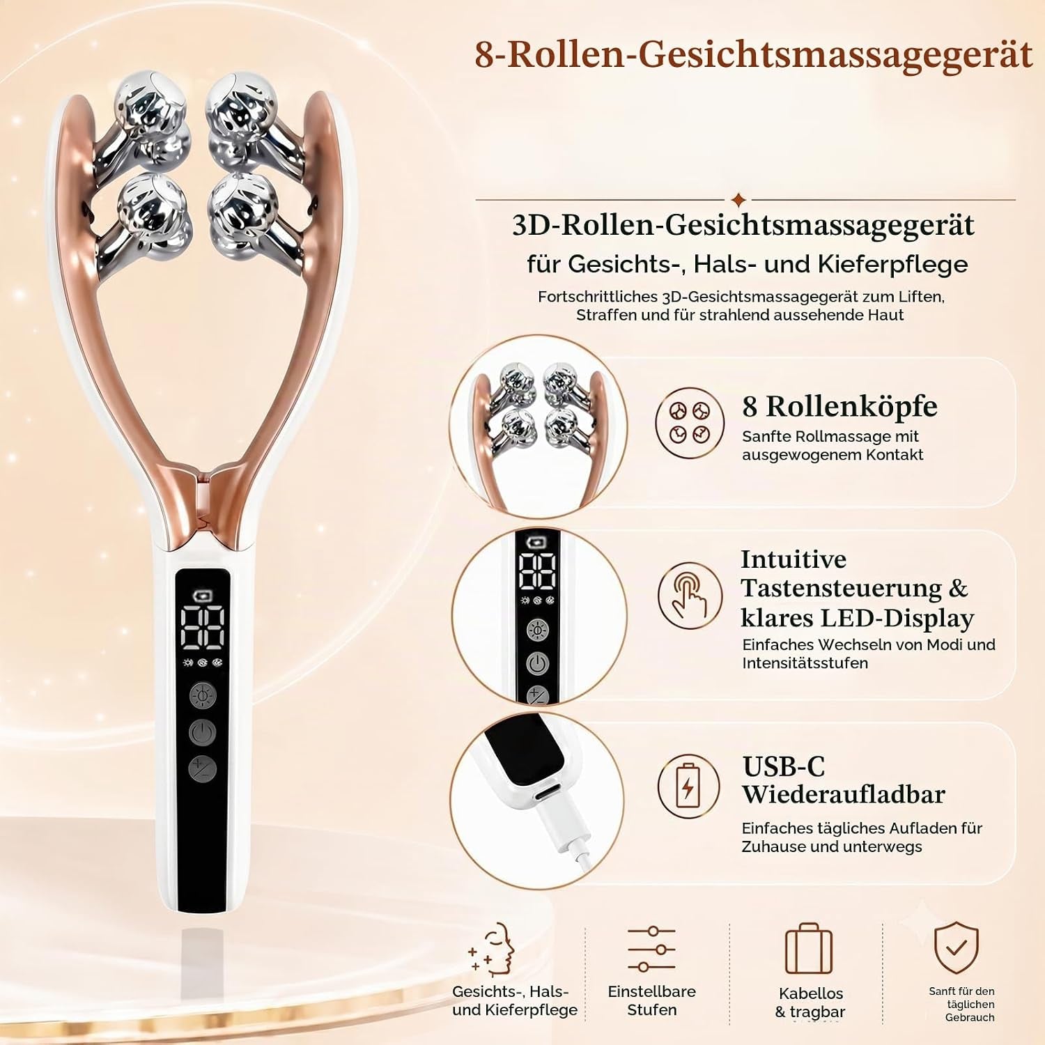 Velantis Gesichtsmassagegerät - 8 Rollenköpfe Detailansicht