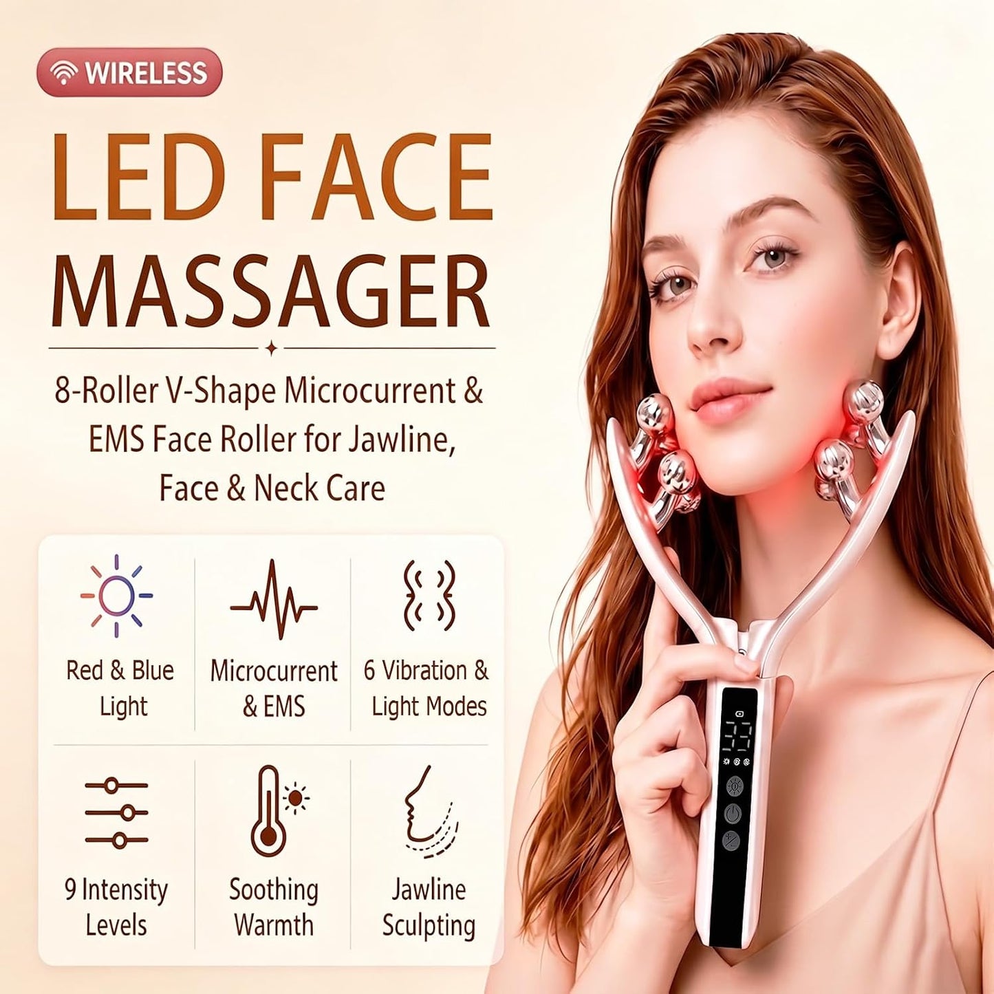 Velantis Gesichtsmassagegerät - Anwendung am Kiefer, LED Face Massager